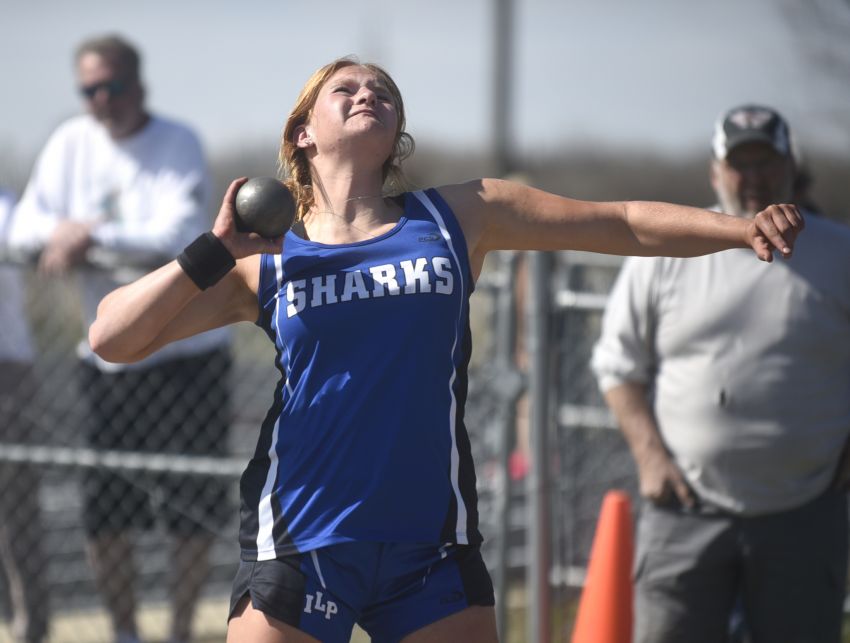 Class B Girls Track and Field Leaders - Iroquois/Lake Prestonâ€™s Hadlee Holt heaves a 41-foot throw in the shot put