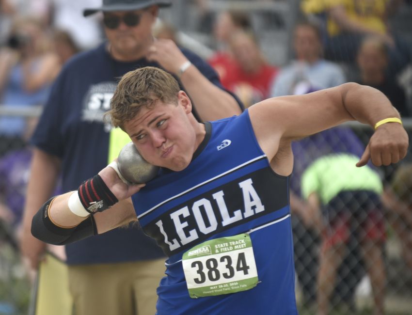 Leola’s Jacob Kindelspire goes from last to first for Class B shot put title